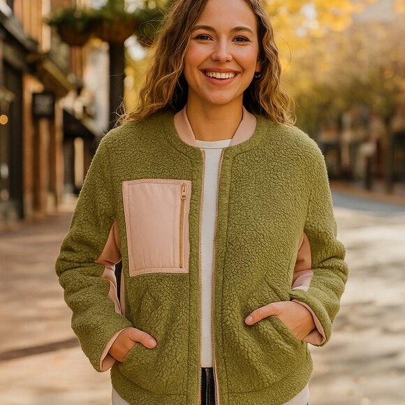 We The Free Women’s M Green Sherpa Fleece Zip Jacket Oversized Boho Coat - Picture 1 of 12